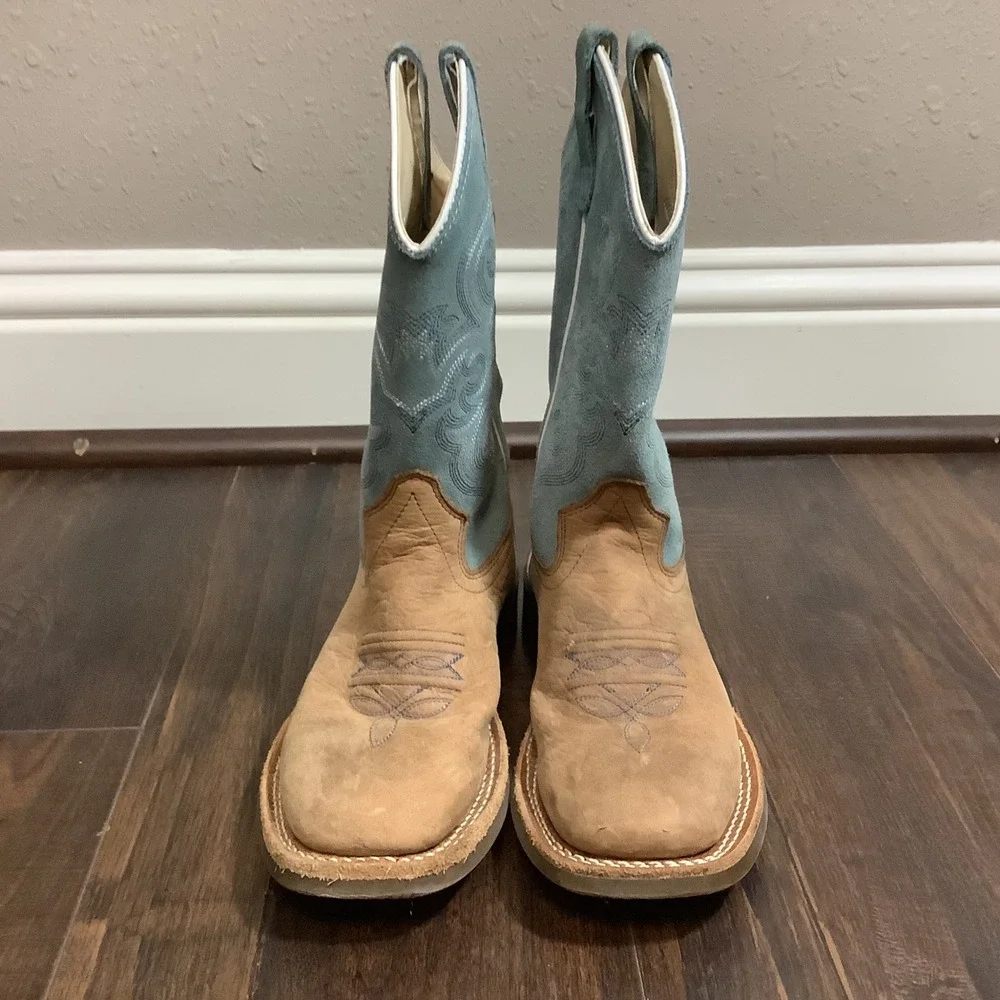 Cody James Youth Western Boots Tan Leather Blue Suede Square Toe Size 2.0D